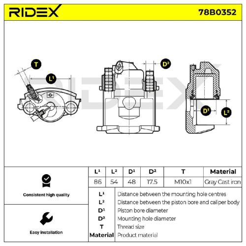 RIDEX 78B0352 Bremssattel Bremszange Vorne links für VW Golf 1II (1H1) für 12mm Bild RIDEX 78B0352 Bremssattel Bremszange Vorne links für VW Golf 1II (1H1) für 12mm