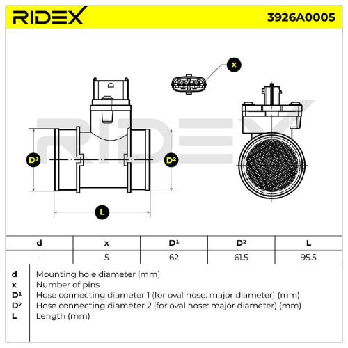 RIDEX 3926A0005 Luftmassenmesser/Luftmengenmesser LMM mit Gehäuse 5-Polig Bild RIDEX 3926A0005 Luftmassenmesser/Luftmengenmesser LMM mit Gehäuse 5-Polig