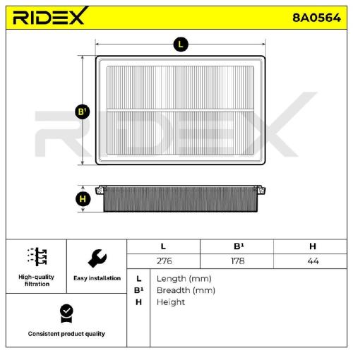 RIDEX 8A0564 Motor Luftfilter RechtEckig Umluftfilter Filtereinsatz Bild RIDEX 8A0564 Motor Luftfilter RechtEckig Umluftfilter Filtereinsatz