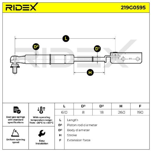 RIDEX 219G0595 Heckklappendämpfer links Länge:610mm Hub: 260mm für SUZUKI Bild RIDEX 219G0595 Heckklappendämpfer links Länge:610mm Hub: 260mm für SUZUKI