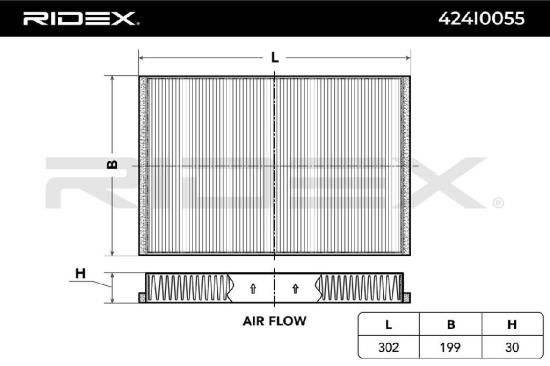 RIDEX 424I0055 Innenraumfilter Pollenfilter Höhe: 30 Breite: 199 Länge: 302 Bild RIDEX 424I0055 Innenraumfilter Pollenfilter Höhe: 30 Breite: 199 Länge: 302
