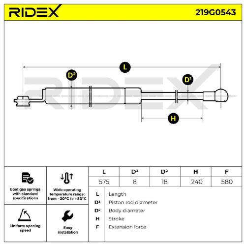 RIDEX 219G0543 Heckklappendämpfer Länge:575mm 580N Hub: 240mm für HONDA LOGO Bild RIDEX 219G0543 Heckklappendämpfer Länge:575mm 580N Hub: 240mm für HONDA LOGO