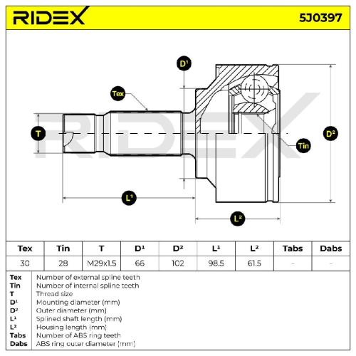 RIDEX 5J0397 Gelenksatz Antriebswelle Achswelle radseitig Vorne 6393300301 Bild RIDEX 5J0397 Gelenksatz Antriebswelle Achswelle radseitig Vorne 6393300301