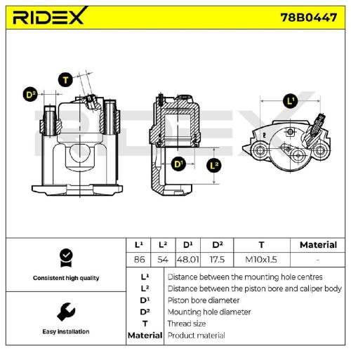 RIDEX 78B0447 Bremssattel Bremszange Vorne rechts für VW POLO (9N) 6N0615124B Bild RIDEX 78B0447 Bremssattel Bremszange Vorne rechts für VW POLO (9N) 6N0615124B