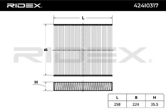 RIDEX 424I0317 Innenraumfilter Pollenfilter Höhe: 35,5 Breite: 224 Länge: 255 Bild RIDEX 424I0317 Innenraumfilter Pollenfilter Höhe: 35,5 Breite: 224 Länge: 255