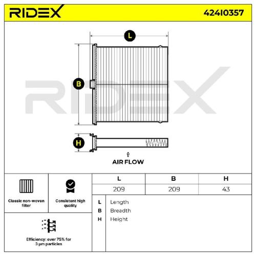 RIDEX 424I0357 Innenraumfilter Pollenfilter Höhe: 43 Breite: 209 Länge: 209 Bild RIDEX 424I0357 Innenraumfilter Pollenfilter Höhe: 43 Breite: 209 Länge: 209