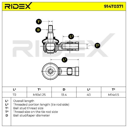 RIDEX Spurstangenkopf außen beidseitig Vorderachse Traggelenk M10X1.25 914T0371 Bild RIDEX Spurstangenkopf außen beidseitig Vorderachse Traggelenk M10X1.25 914T0371