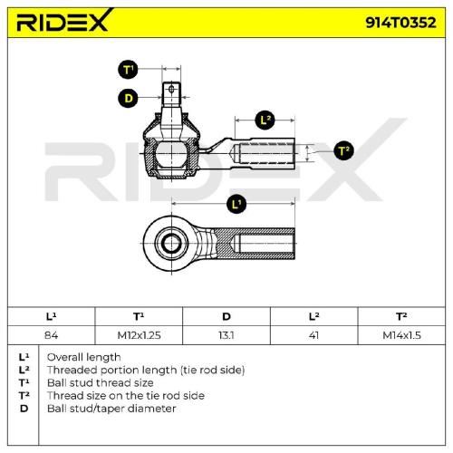 RIDEX Spurstangenkopf außen Vorderachse beidseitig Traggelenk M12X1.25 914T0352 Bild RIDEX Spurstangenkopf außen Vorderachse beidseitig Traggelenk M12X1.25 914T0352