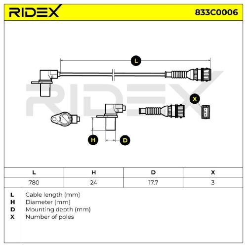 RIDEX Kurbelwellensensor 833C0006 780 mm Anzahl der Steckkontakte: 3 Hallsensor Bild RIDEX Kurbelwellensensor 833C0006 780 mm Anzahl der Steckkontakte: 3 Hallsensor