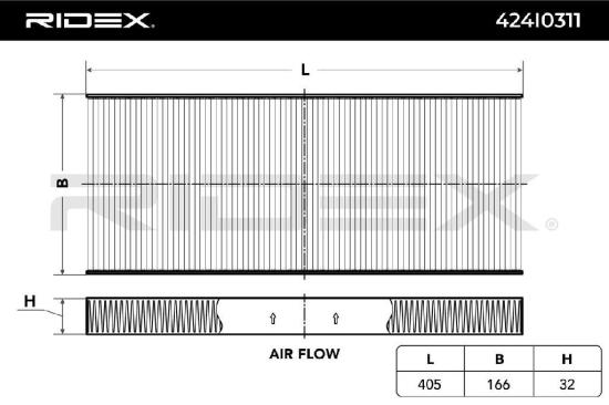 RIDEX 424I0311 Innenraumfilter Pollenfilter Höhe: 32 Breite: 165 Länge: 405 Bild RIDEX 424I0311 Innenraumfilter Pollenfilter Höhe: 32 Breite: 165 Länge: 405