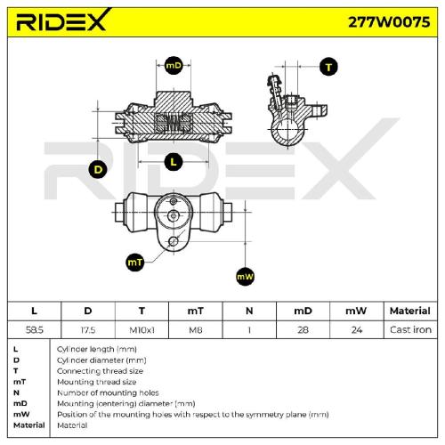 RIDEX 277W0075 1x Radbremszylinder Trommelbremse Radzylinder Hinten Rechts links Bild RIDEX 277W0075 1x Radbremszylinder Trommelbremse Radzylinder Hinten Rechts links