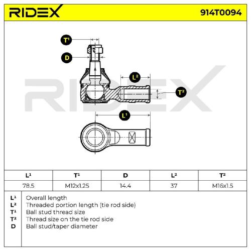 RIDEX Spurstangenkopf Vorderachse Traggelenk M12x1,25 A 914T0094 für FIAT Bild RIDEX Spurstangenkopf Vorderachse Traggelenk M12x1,25 A 914T0094 für FIAT
