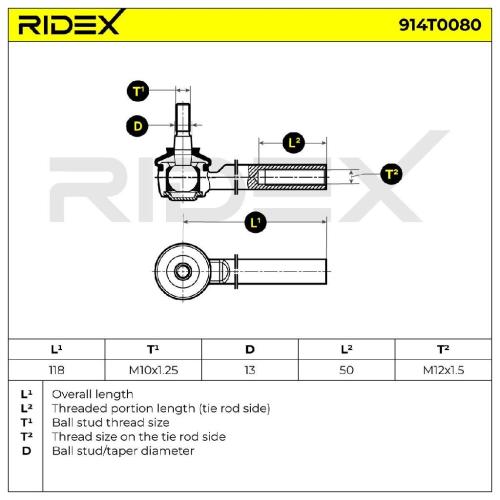 RIDEX Spurstangenkopf außen beidseitig Vorderachse Traggelenk M10X1.25 914T0080 Bild RIDEX Spurstangenkopf außen beidseitig Vorderachse Traggelenk M10X1.25 914T0080