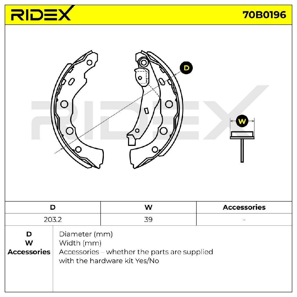 RIDEX Bremsbacken Satz für Trommelbremse Hinten mit Handbremshebel 70B0196