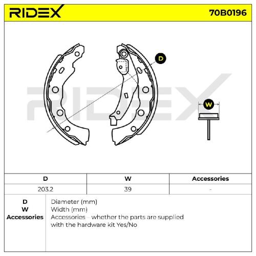 RIDEX Bremsbacken Satz für Trommelbremse Hinten mit Handbremshebel 70B0196 Bild RIDEX Bremsbacken Satz für Trommelbremse Hinten mit Handbremshebel 70B0196