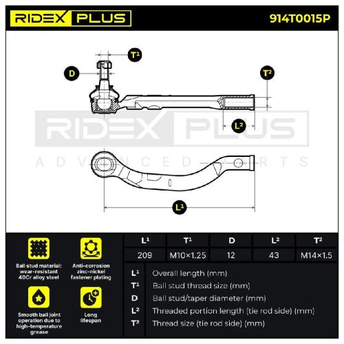 RIDEX PLUS Spurstangenkopf Vorderachse rechts Traggelenk FM14X1.5R 914T0015P Bild RIDEX PLUS Spurstangenkopf Vorderachse rechts Traggelenk FM14X1.5R 914T0015P