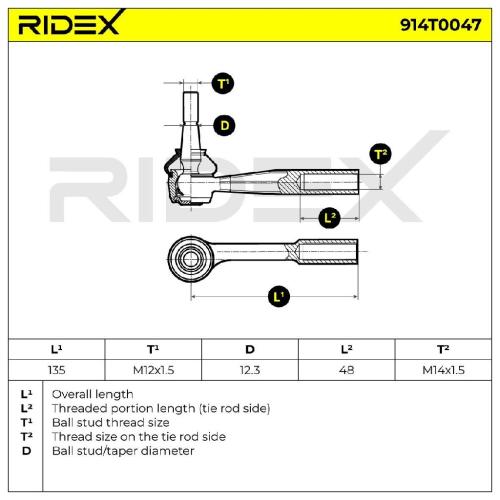 RIDEX Spurstangenkopf Vorderachse links Traggelenk M12X1.5 914T0047 für OPEL Bild RIDEX Spurstangenkopf Vorderachse links Traggelenk M12X1.5 914T0047 für OPEL