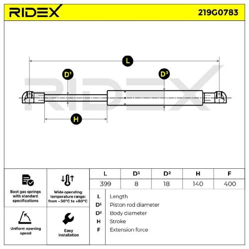 RIDEX 219G0783 Heckklappendämpfer beidseitig Länge:399mm 400N Hub: 139mm Bild RIDEX 219G0783 Heckklappendämpfer beidseitig Länge:399mm 400N Hub: 139mm