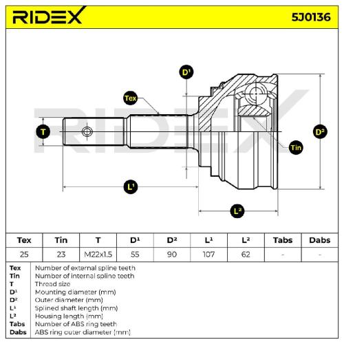 RIDEX 5J0136 Gelenksatz Antriebswelle Achswelle radseitig Vorne für NISSAN Bild RIDEX 5J0136 Gelenksatz Antriebswelle Achswelle radseitig Vorne für NISSAN