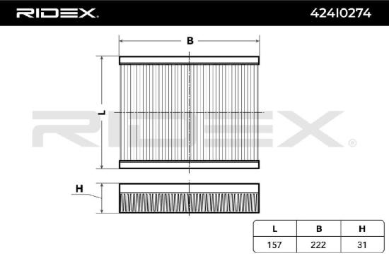 RIDEX 424I0274 Innenraumfilter Pollenfilter Höhe: 30 Breite: 220 Länge: 157 Bild RIDEX 424I0274 Innenraumfilter Pollenfilter Höhe: 30 Breite: 220 Länge: 157