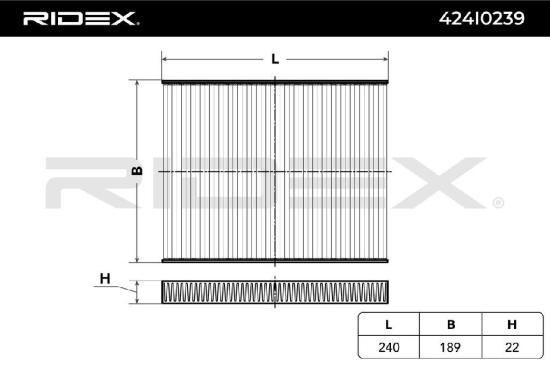 RIDEX 424I0239 Innenraumfilter Pollenfilter Höhe: 22 Breite: 189 Länge: 240 Bild RIDEX 424I0239 Innenraumfilter Pollenfilter Höhe: 22 Breite: 189 Länge: 240