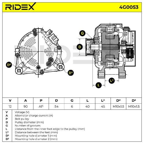 RIDEX 4G0053 Lichtmaschine 90A 12V Drehrichtung im Uhrzeigersinn mit 57052B Bild RIDEX 4G0053 Lichtmaschine 90A 12V Drehrichtung im Uhrzeigersinn mit 57052B