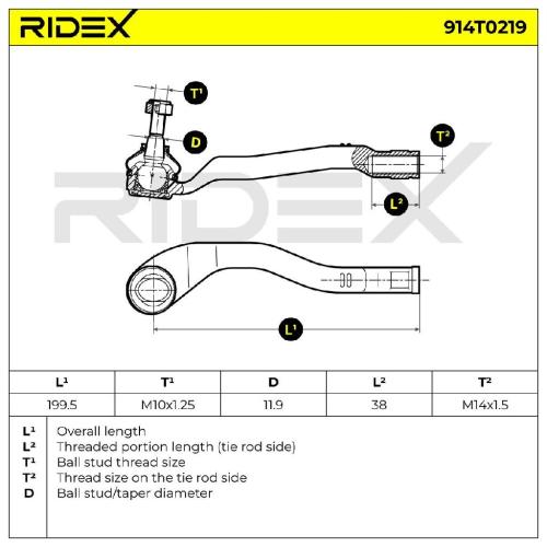 RIDEX Spurstangenkopf Vorderachse rechts außen Traggelenk M10x1.25 914T0219 Bild RIDEX Spurstangenkopf Vorderachse rechts außen Traggelenk M10x1.25 914T0219