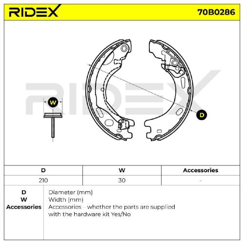 RIDEX Bremsbacken Satz für Trommelbremse Hinten mit Handbremshebel 210mm 70B0286 Bild RIDEX Bremsbacken Satz für Trommelbremse Hinten mit Handbremshebel 210mm 70B0286