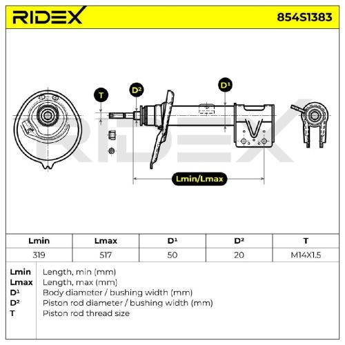 RIDEX 854S1383 1x Stoßdämpfer Federbein Gasdruck Vorne rechts für CITROËN 5202XV Bild RIDEX 854S1383 1x Stoßdämpfer Federbein Gasdruck Vorne rechts für CITROËN 5202XV