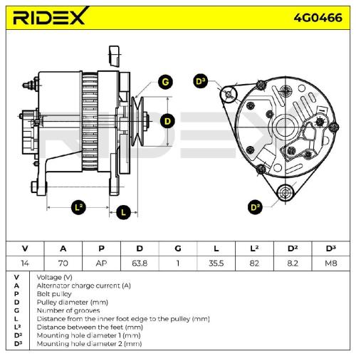 RIDEX 4G0466 Lichtmaschine 70A 12V Drehrichtung im Uhrzeigersinn für 1406044 Bild RIDEX 4G0466 Lichtmaschine 70A 12V Drehrichtung im Uhrzeigersinn für 1406044