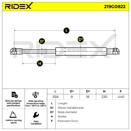 RIDEX 219G0822 Heckklappendämpfer hinten Länge:566mm 380N Hub: 230mm 9603762280 Bild RIDEX 219G0822 Heckklappendämpfer hinten Länge:566mm 380N Hub: 230mm 9603762280