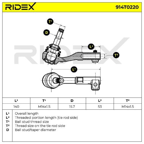 RIDEX Spurstangenkopf außen links Vorderachse Traggelenk M14X1.5 914T0220 Bild RIDEX Spurstangenkopf außen links Vorderachse Traggelenk M14X1.5 914T0220