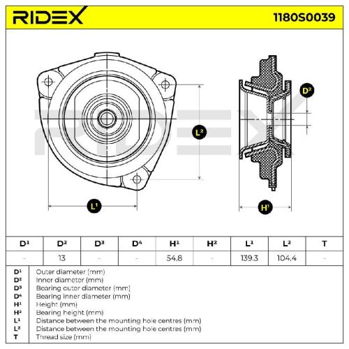 RIDEX 1180S0039 Federbeinstützlager Vorne links für RENAULT Clio 1II Schrägheck Bild RIDEX 1180S0039 Federbeinstützlager Vorne links für RENAULT Clio 1II Schrägheck