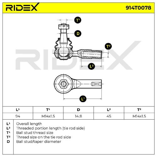 RIDEX Spurstangenkopf Vorderachse beidseitig außen Traggelenk 914T0078 Bild RIDEX Spurstangenkopf Vorderachse beidseitig außen Traggelenk 914T0078