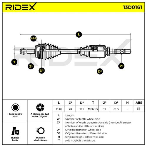 RIDEX Antriebswelle Achswelle Vorderachse/Vorne rechts für RENAULT 13D0161 Bild RIDEX Antriebswelle Achswelle Vorderachse/Vorne rechts für RENAULT 13D0161