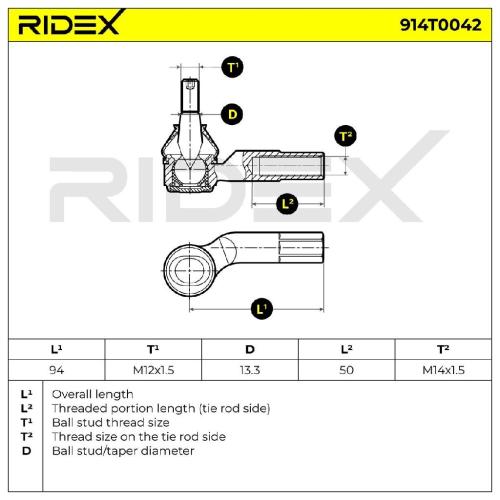 RIDEX Spurstangenkopf Vorderachse links außen Traggelenk M12x1,5 914T0042 für VW Bild RIDEX Spurstangenkopf Vorderachse links außen Traggelenk M12x1,5 914T0042 für VW