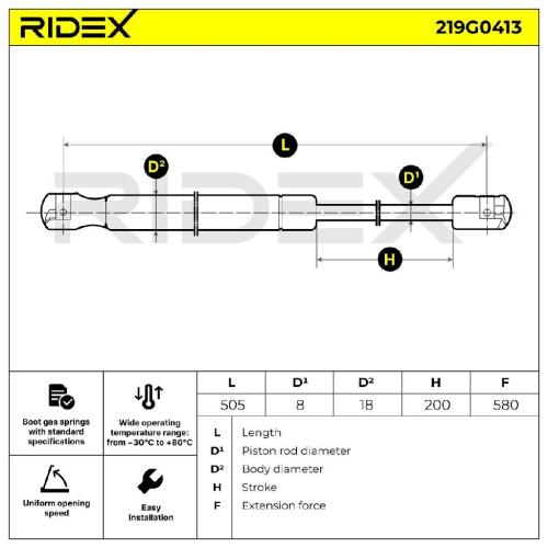 RIDEX 219G0413 Heckklappendämpfer Fahrzeugheckklappe Länge:505mm 580N Hub: 200mm Bild RIDEX 219G0413 Heckklappendämpfer Fahrzeugheckklappe Länge:505mm 580N Hub: 200mm
