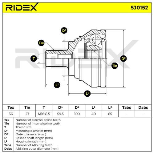 RIDEX 5J0152 Gelenksatz Antriebswelle Achswelle radseitig Vorne rechts links Bild RIDEX 5J0152 Gelenksatz Antriebswelle Achswelle radseitig Vorne rechts links