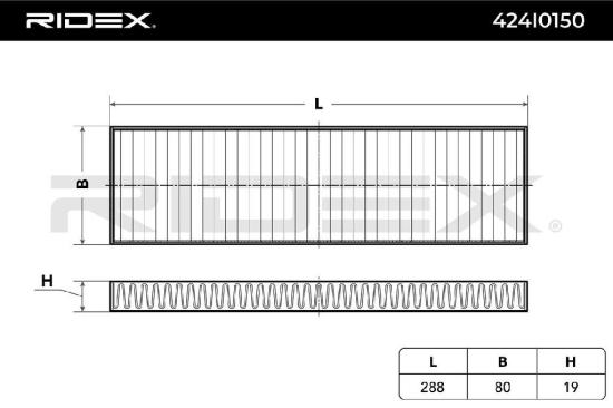 RIDEX 424I0150 Innenraumfilter Pollenfilter Höhe: 19 Breite: 80 Länge: 288 Bild RIDEX 424I0150 Innenraumfilter Pollenfilter Höhe: 19 Breite: 80 Länge: 288
