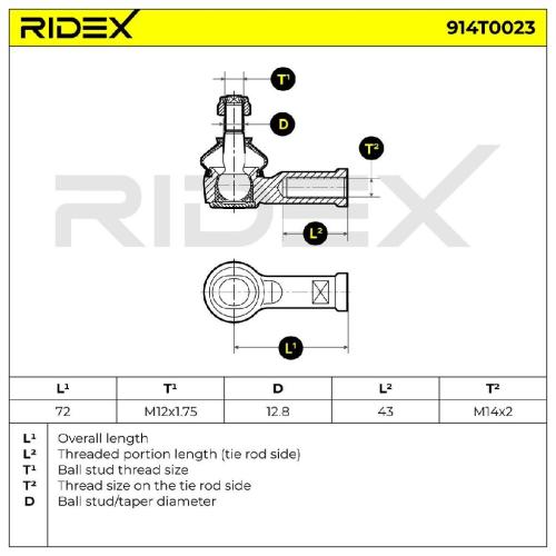 RIDEX Spurstangenkopf außen beidseitig Vorderachse Traggelenk M12X1.5 914T0023 Bild RIDEX Spurstangenkopf außen beidseitig Vorderachse Traggelenk M12X1.5 914T0023