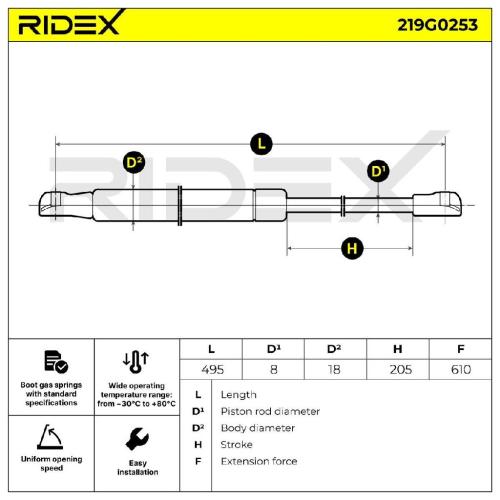 RIDEX 219G0253 Heckklappendämpfer Fahrzeugheckklappe Länge:495mm 610N Hub: 205mm Bild RIDEX 219G0253 Heckklappendämpfer Fahrzeugheckklappe Länge:495mm 610N Hub: 205mm