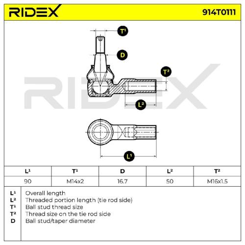 RIDEX Spurstangenkopf außen beidseitig Vorderachse Traggelenk M14X2 914T0111 Bild RIDEX Spurstangenkopf außen beidseitig Vorderachse Traggelenk M14X2 914T0111