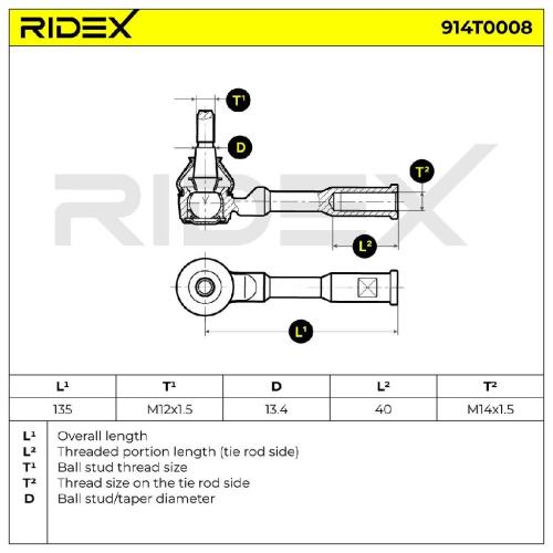 RIDEX Spurstangenkopf Vorderachse beidseitig außen Traggelenk M12X1.5 914T0008 Bild RIDEX Spurstangenkopf Vorderachse beidseitig außen Traggelenk M12X1.5 914T0008