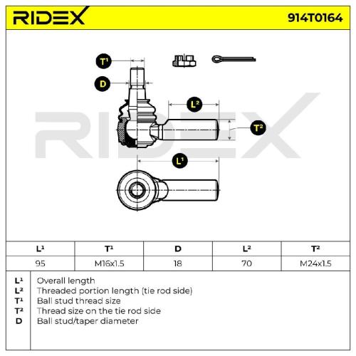 RIDEX Spurstangenkopf Vorderachse rechts Traggelenk M24 x 1,5 M16x1,5 914T0164 Bild RIDEX Spurstangenkopf Vorderachse rechts Traggelenk M24 x 1,5 M16x1,5 914T0164