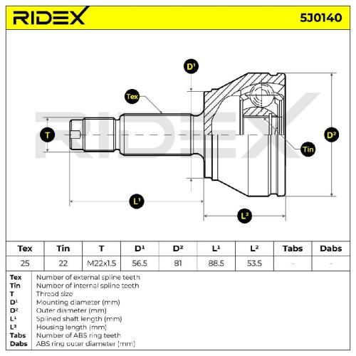 RIDEX 5J0140 Gelenksatz Antriebswelle Achswelle radseitig Vorne für FORD Bild RIDEX 5J0140 Gelenksatz Antriebswelle Achswelle radseitig Vorne für FORD