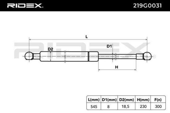 RIDEX 219G0031 Heckklappendämpfer beidseitig hinten Länge:545mm 300N Hub: 230mm Bild RIDEX 219G0031 Heckklappendämpfer beidseitig hinten Länge:545mm 300N Hub: 230mm