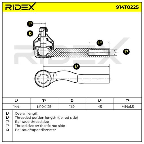 RIDEX Spurstangenkopf außen rechts Vorderachse Traggelenk M10X1.25 914T0225 Bild RIDEX Spurstangenkopf außen rechts Vorderachse Traggelenk M10X1.25 914T0225