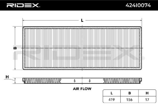 RIDEX 424I0074 Innenraumfilter Pollenfilter Höhe: 17 Breite: 153 Länge: 422 Bild RIDEX 424I0074 Innenraumfilter Pollenfilter Höhe: 17 Breite: 153 Länge: 422