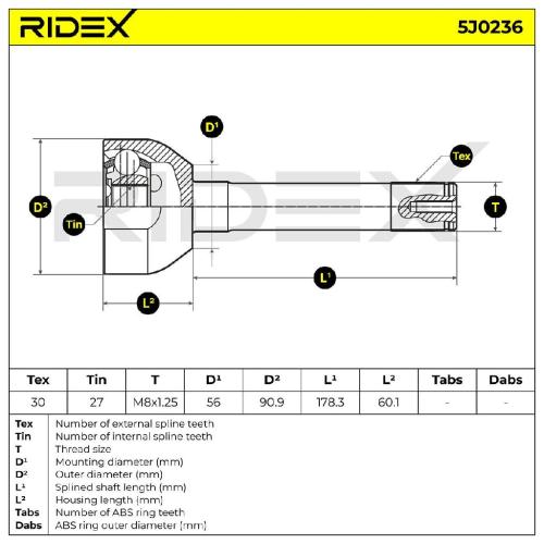 RIDEX 5J0236 Gelenksatz Antriebswelle Achswelle Vorne radseitig für TOYOTA Bild RIDEX 5J0236 Gelenksatz Antriebswelle Achswelle Vorne radseitig für TOYOTA