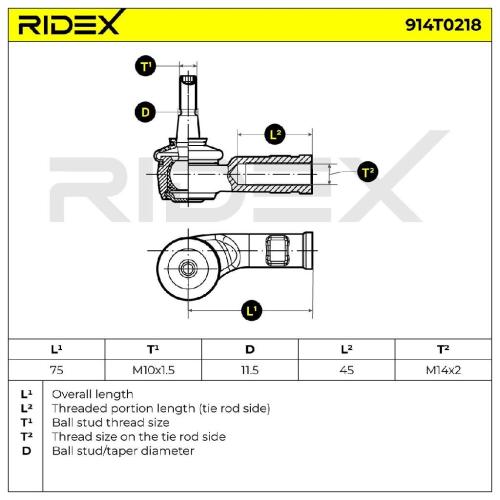 RIDEX Spurstangenkopf außen rechts Vorderachse Traggelenk M10X1.25 914T0218 Bild RIDEX Spurstangenkopf außen rechts Vorderachse Traggelenk M10X1.25 914T0218